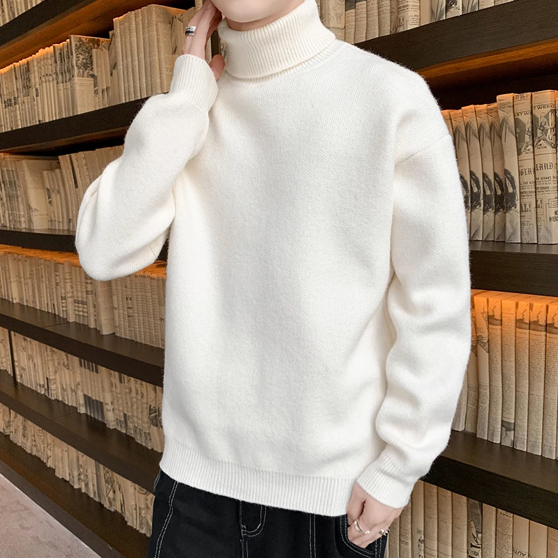 Men's Clothing Autumn Winter High-neck Screw Thread Solid Color Pullover Sweater Knitted Long Sleeve Casual High Street Tops