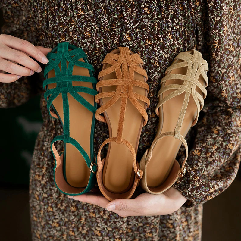 Roman Style Gladiator Shoes Kid Suede Summer Shoes With Closed Toe Buckle One Strap Women Flats For Spring Women Retro Sandals