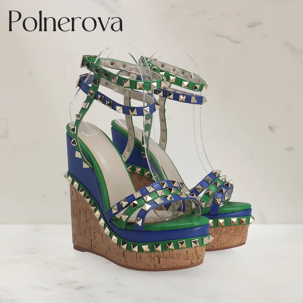 Wood Grain Wedge Rivet Sandals Blue Green Leather Buckle Summer Shoes Punk Fashion Style High Heels Platform Sandals for Women