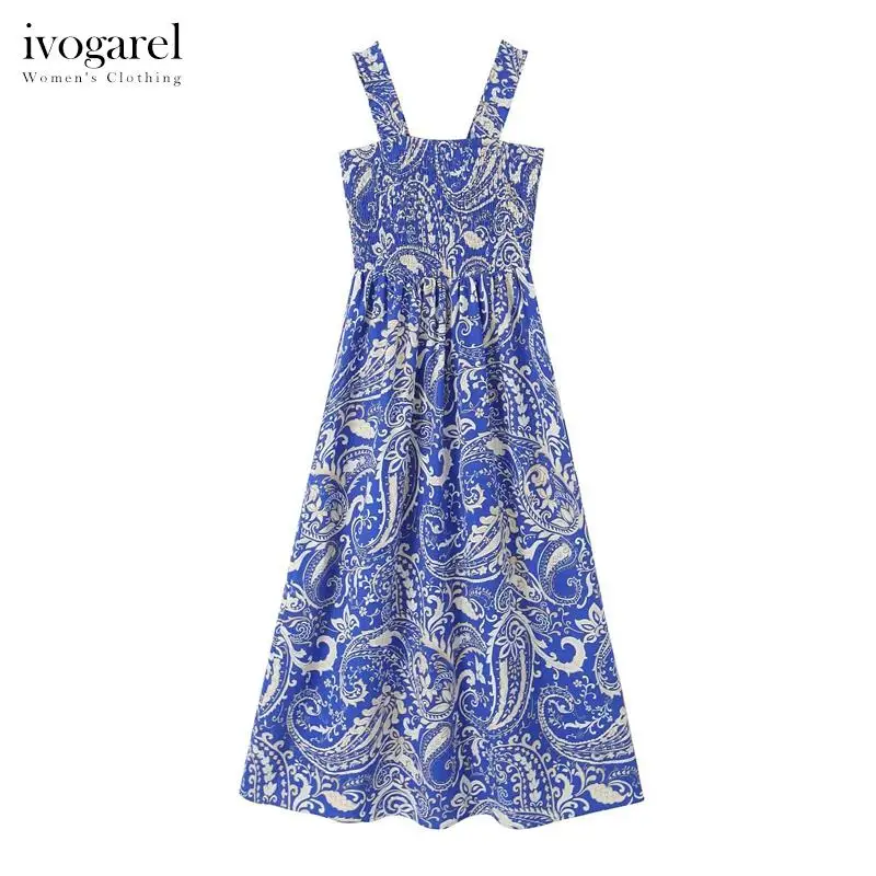 

Ivogarel Vintage Printed Poplin Midi Dress Women's Summer Evening Long Dress with Elasticated Straight Neckline and Wide Straps