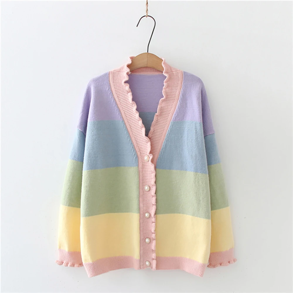 

Soft Girls Kawaii Sweets Sweater Women Knitted Cardigans Cute Rainbow Striped Vintage Ruffle V Neck Knitwear Female Loose Coat