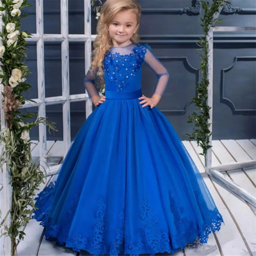 

Royal Blue Flower Girl Dresses Long Sleeve Lace Applique For Princess Children Ball Gown First Communion Party Dresses Birthday