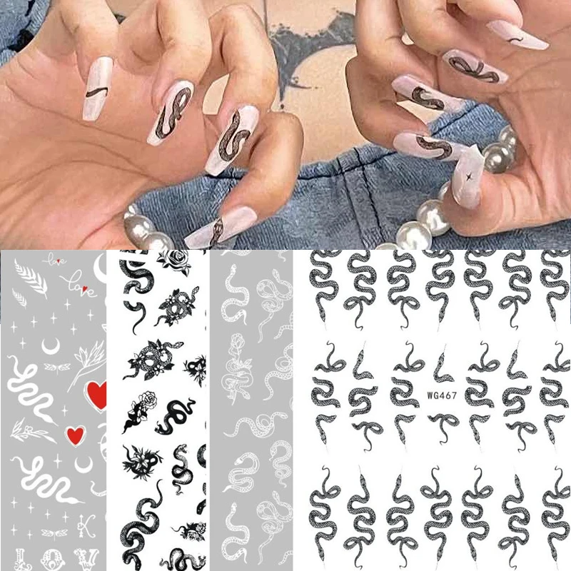 

Nail Art Sticker Dragon and Snake Printing White Black Color 3D Manicure Beauty Tools Self Glue Nail Decals Ail Art Decorations