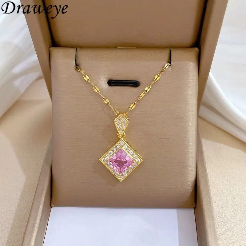 

Draweye Square Necklaces for Women Purple Crystal Elegant Korean Fashion Jewelry Sweet Titanium Steel Pendant Necklace
