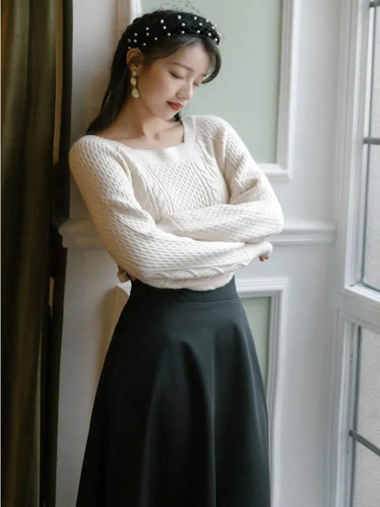 New Winter Elegant Lady Outfits Fall Women Long Sleeve Two Piece Set Vintage White Sweater + Black Bandage Maxi Long Skirt Suit