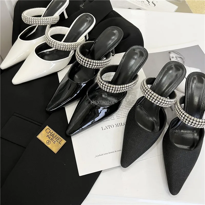 

2022 Summer New Women Patent Leather Slipper Fashion Pointed Toe Rhinestone Ladies Mules Thin Low Heel Casual Dress Shoes
