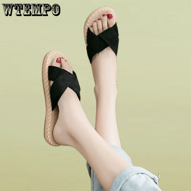 

WTEMPO Women Cross Slippers Flat Summer Shoes Outside Peep Toe Cross Beach Slides Ladies Sandals Wholesale Dropshipping