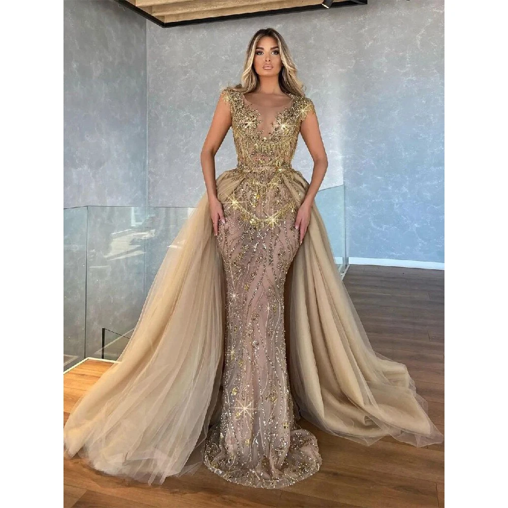 

Женское блестящее платье-Русалка со шлейфом и круглым вырезом, без рукавов