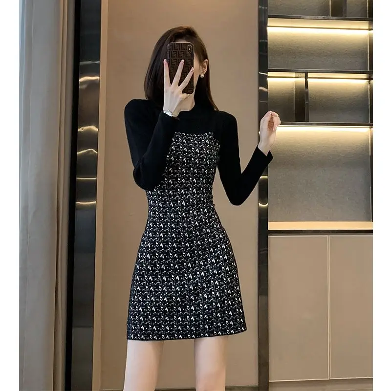 

Autumn Knitted Dress Korean Women Winter Warm Long Sleeve Knitted Sweater Dress Sexy Mini Dress Bodycon Plaid Dresses 2023 D117