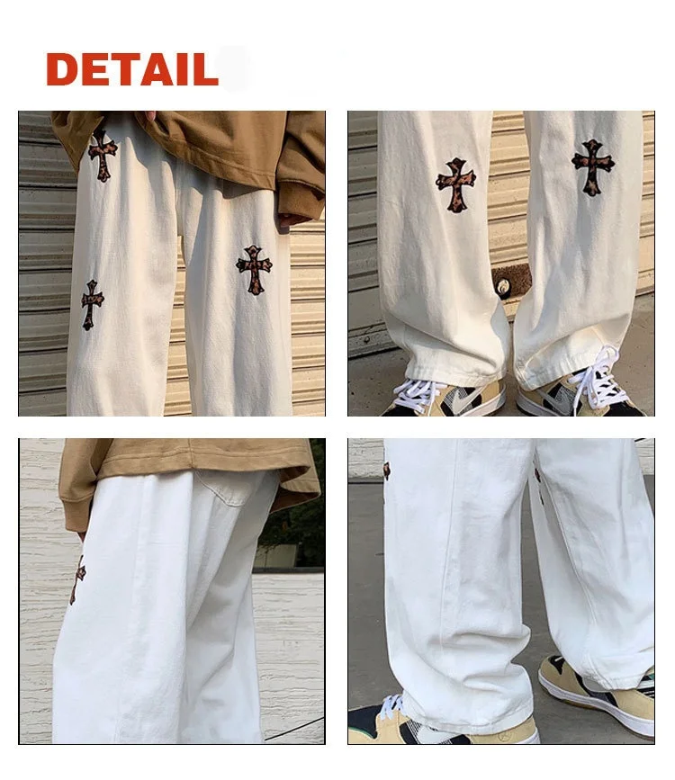 Fashion Brand Cross Print Jeans Men's Trendy Casual Straight Loose Wide-leg Pants Hip-hop Street Men's Trousers  mens jeans