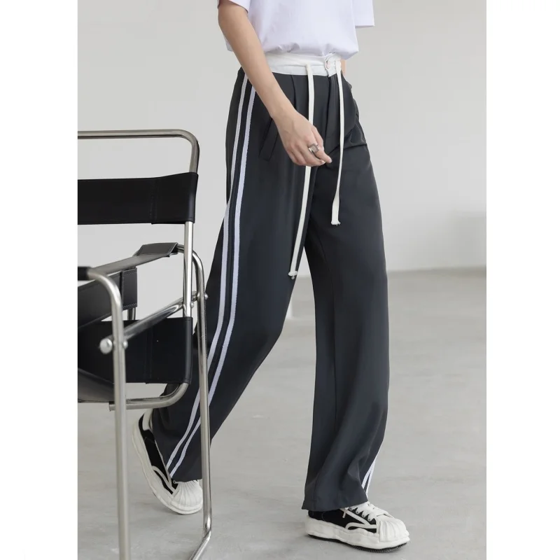 

Темно-серые полосатые спортивные брюки, женские Мешковатые брюки, винтажная уличная одежда в американском стиле, модные женские прямые широкие брюки