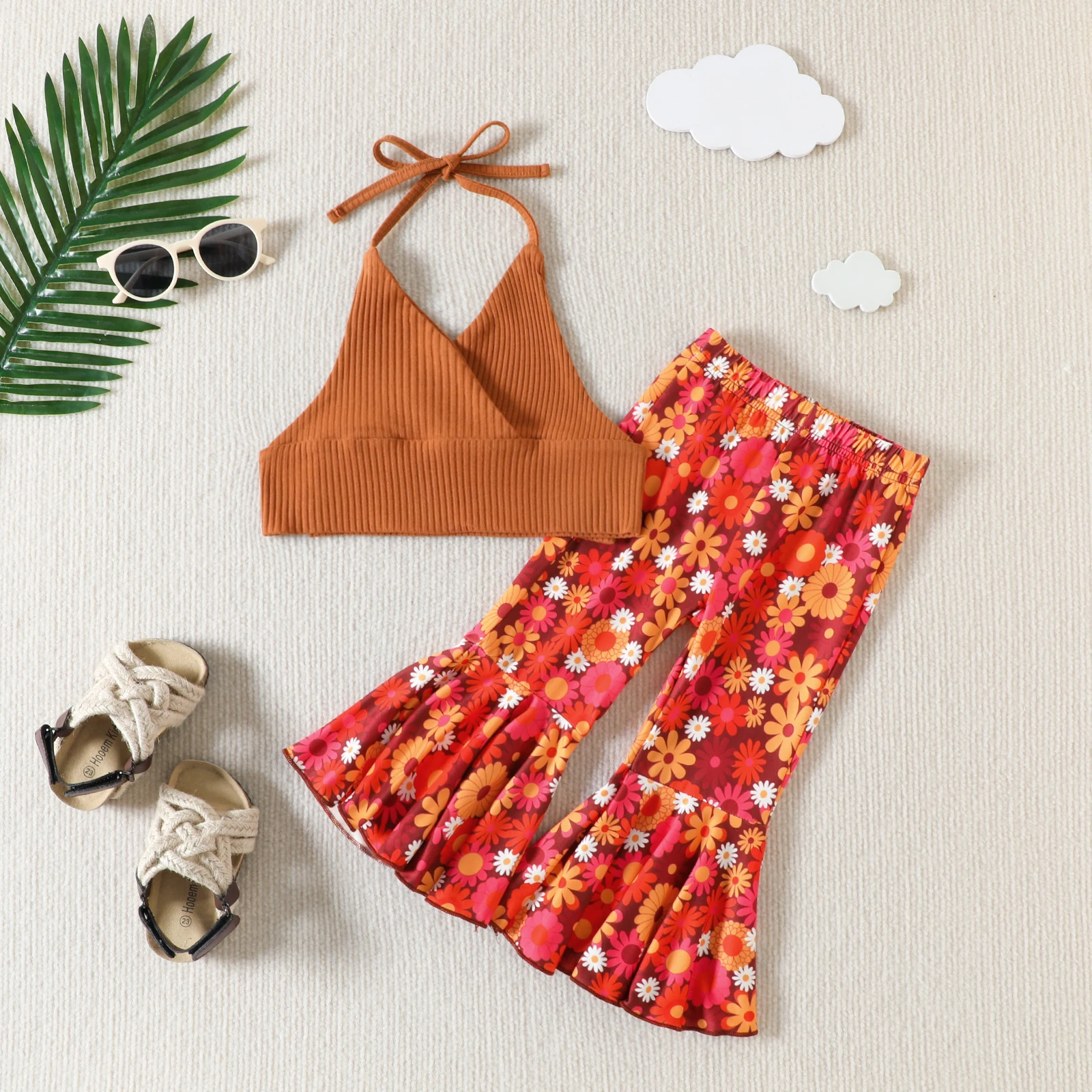 

Повседневный хлопковый V-образный вырез без рукавов с цветочным принтом для девочек на лето