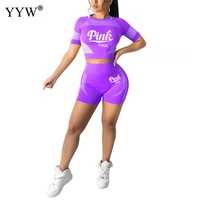 pink printed summer running tracksuits female short sleeve tops pants femme jogger outfits women casual two piece sports sets