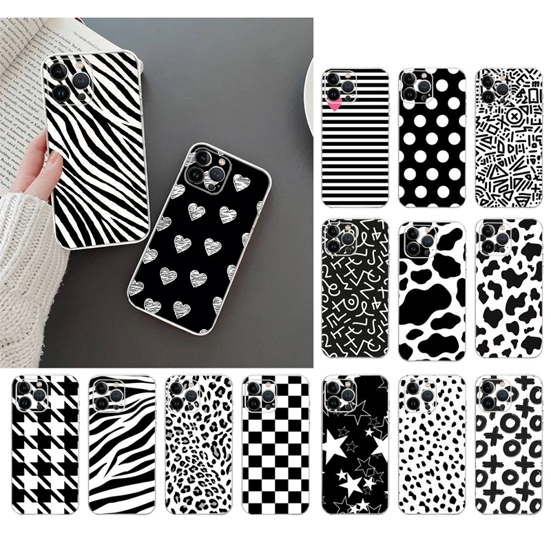 

Phone Case For iphone 14 13 12 11 Pro Max XS Max XR X 12mini 14 Plus SE Cow zebra Leopard Black White Art Case Funda Capa Cell
