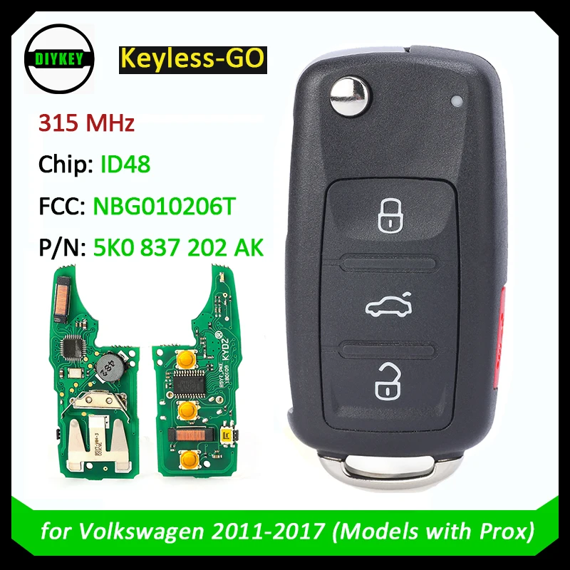 Ключ дистанционного управления DIYKEY 3 + 1/4 без ключа чип ID48 315 МГц для Volkswagen 2011-2017
