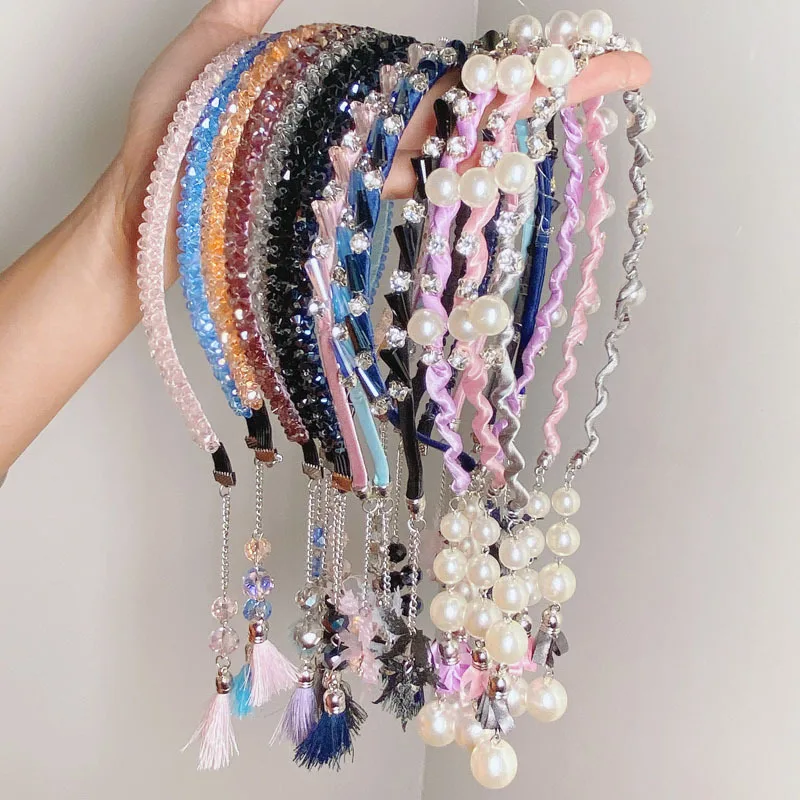 

Women Earring Issuing Tassel Pearl Hairband Hair Hoop Toothed Anti-Slip Dangler Streamer Pandent Head Band Hair Accessories