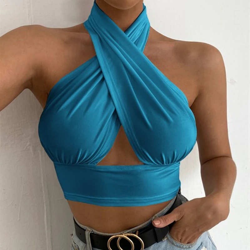 

2021 Fashion Sexy Halter Crop Top Sleeveless Backless Women Tank Top Clubwear Streetwear Summer Lady Hollow Out Tops