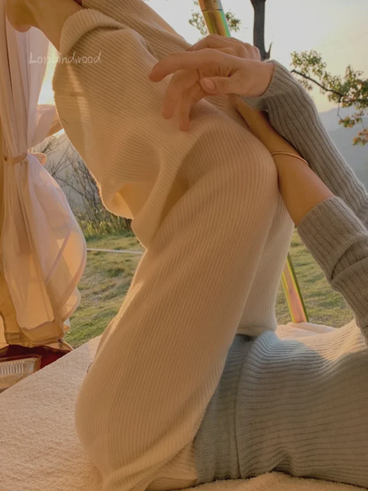 Белые женские брюки с высокой талией для похудения прямые полосатые трикотажные