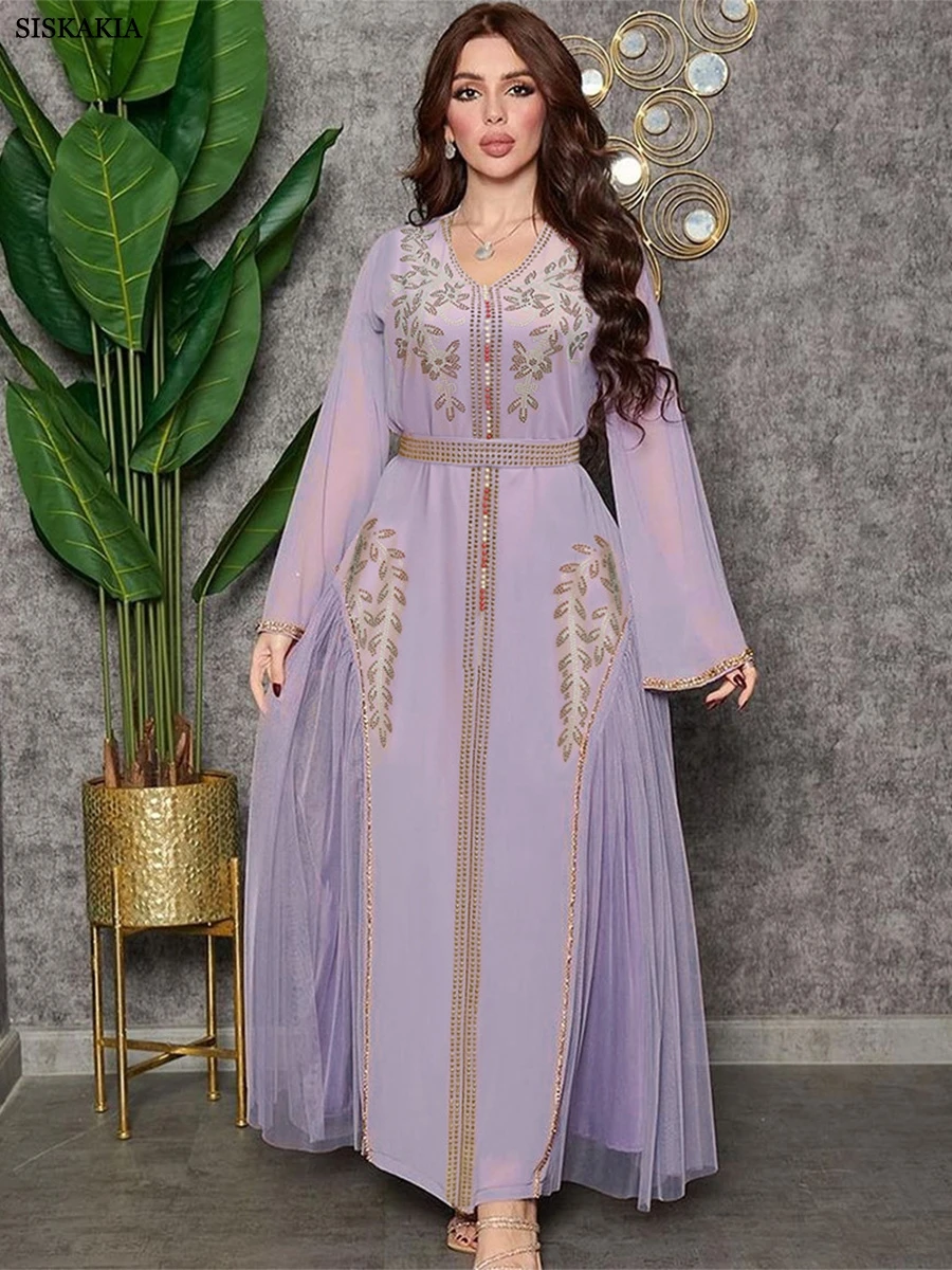 

Женское длинное платье Siskakia Abaya, Элегантное повседневное платье с длинным рукавом и v-образным вырезом, в стиле пэчворк