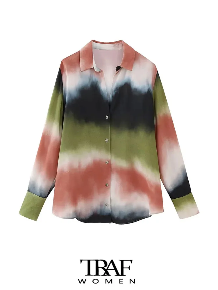 

TRAF Women Fashion Tie-dye Print Shirts Vintage Long Sleeve Button-up Female Blouses Blusas Chic Tops