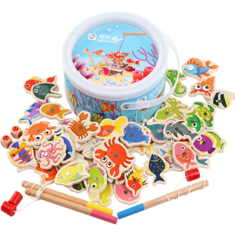 

Wooden Magnetic Fshing Game Cartoon Marine Life Cognition Fish Rod Toys For Children Early Educational Parent-child Interactive