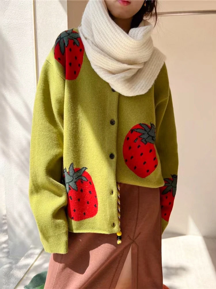 

Women Sweater 2022 Autumn and Winter New Casual Strawberry Contrast Color Jacquard Loose Wool Blend Knitted Cardigan