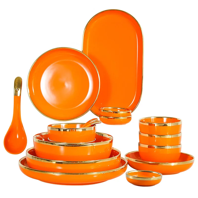 Bright Orange With Gold Rim Porcelain Kitchen Dinner Plate Ceramic Tableware Set Food Dishes Salad Bowls Spoons 1 Set