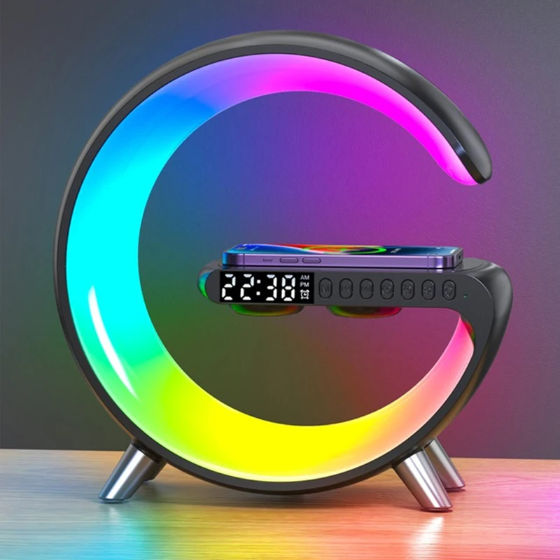 

Wireless Charger Alarm Clock Desk Lamp Bluetooth Speaker Atmosphere RGB Light with APP Control 15W LED For iPhone 14 13 12 11 8