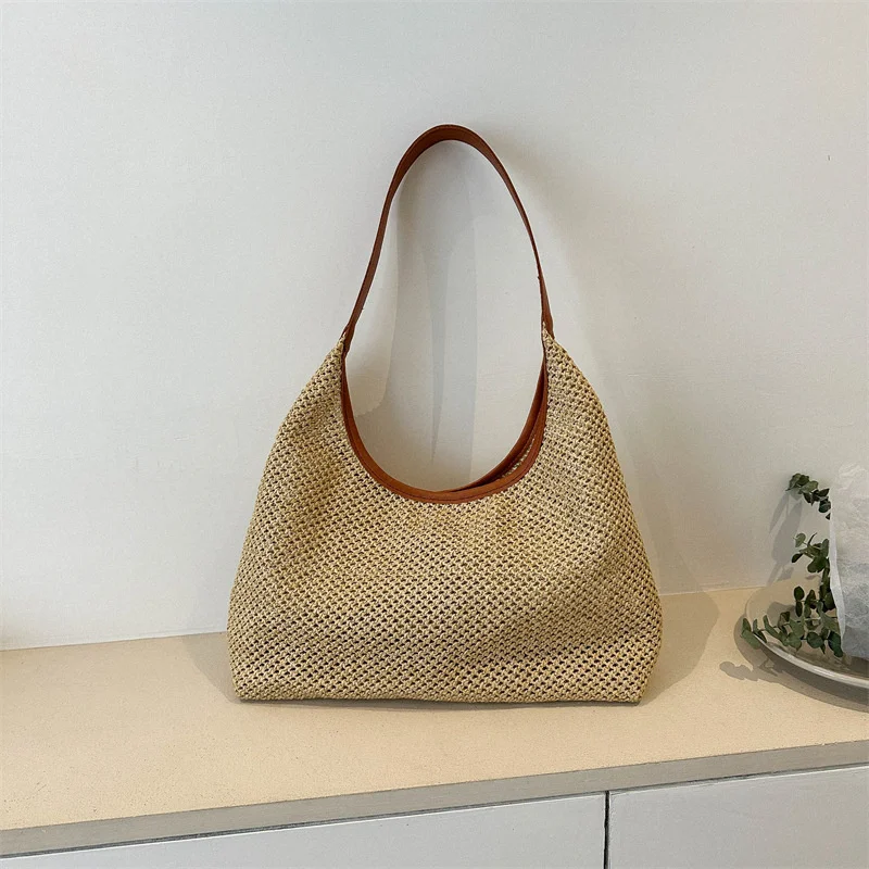 

2023 New Women Woven Shoulder Bag Large Capacity Casual Totes Portable Top Handbags Knitting Designer Holiday Beach Shopping Bag