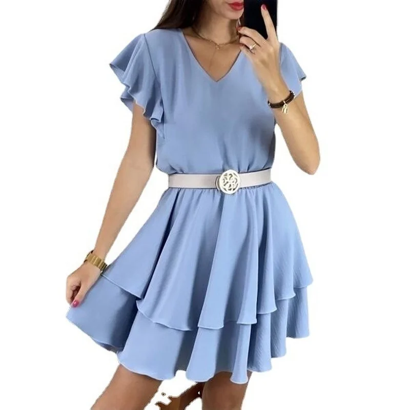 

2021 New Summer Women's Short Sleeve Double A-LINE Mini Dress Women's Fashion Stitching Lotus Leaf Sleeve V-neck Slim Fit Dress