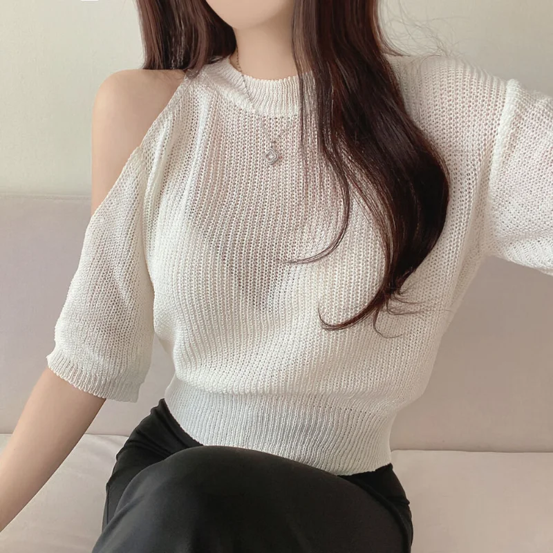 

Blusas 2023 Summer Korean Short-sleeve Knitted T-shirt Solid Ice Silk Top Women Thin Tops White Casual T-shirt Top Elegant 27290