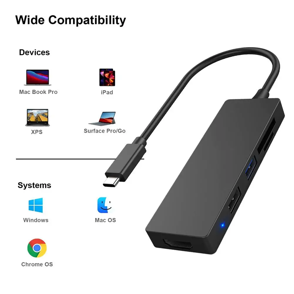 

5in1 Usb C Hub Type-c To Compatible Forhdmi 4k Multiport Adapter Usb2.0/3.0 Compatible Forhdmi Card Reader for Windows XP Vista