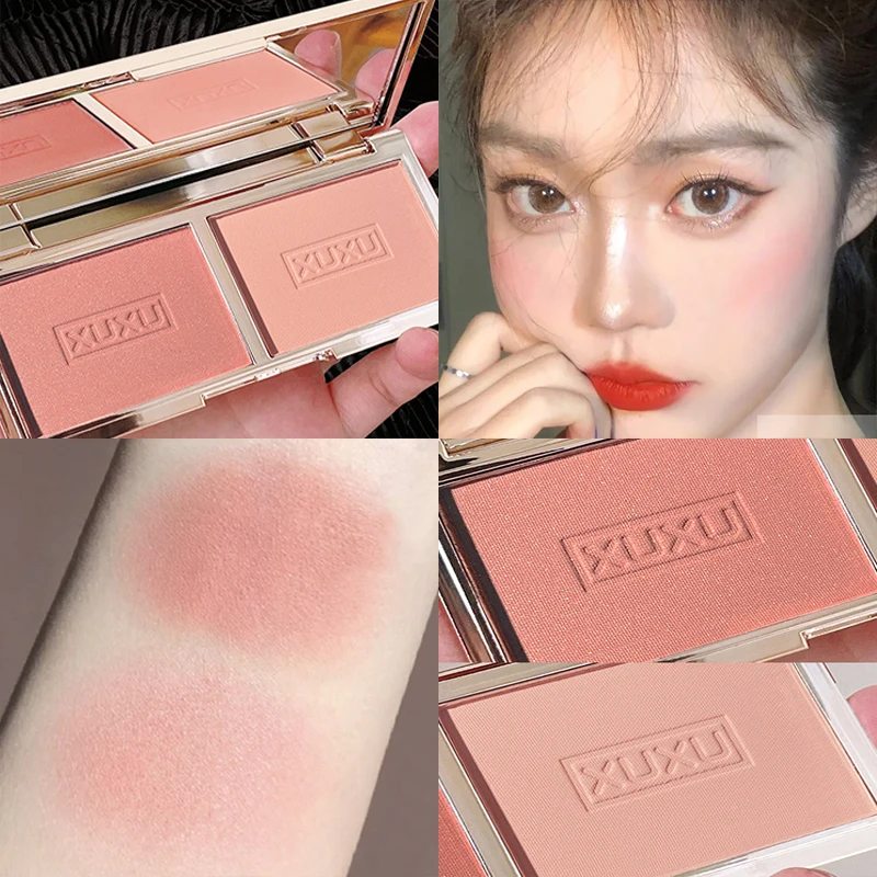 

Two-tone Peach Blush Palette Natural Rose Pink Red Rouge Face Cheek Pigment Shimmer Brighten Long-lasting Nude Makeup