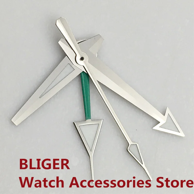 BLIGER  Silver Watch Hands  Red Blue Green GMT Pointers Fit NH34 Movement Green Luminous 4 PCS