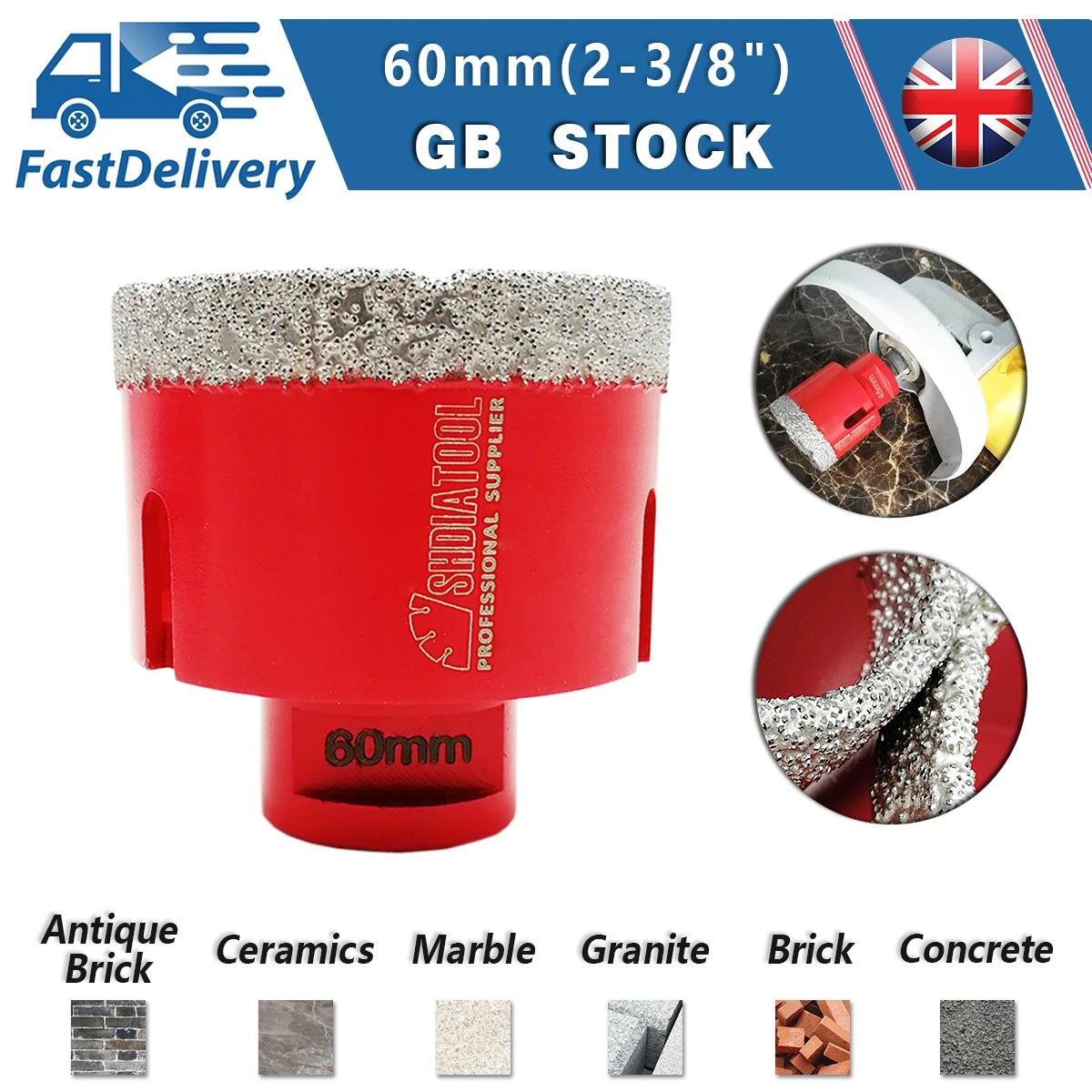 

SHDIATOOL 1pc 60MM Vacuum Brazed Diamond Drilling Core Bits With 10MM Diamond Height Hole Saw Marble Hole Saw Porcelain Brick