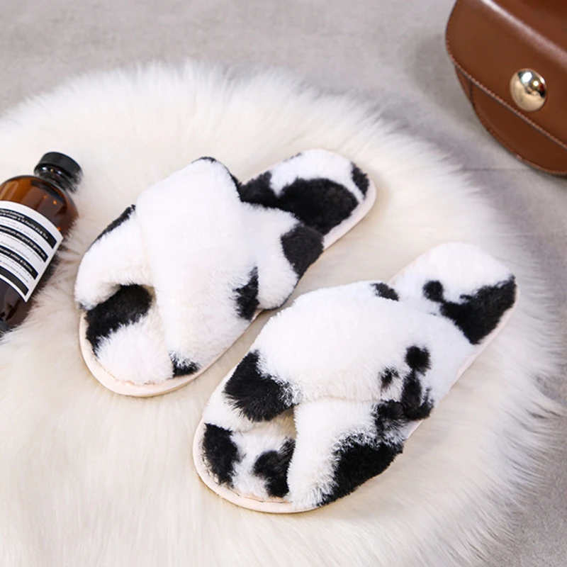 

Chic Cow Pattern Cross Band Indoor Women Fur Slippers Open Toe Fluffy Slippers For Girls House Soft Plush Girls Flat Shoes