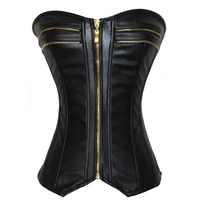 black faux leather corsets top steampunk zipper front body shaper bustier overbust corset women waist cincher corselet plus size