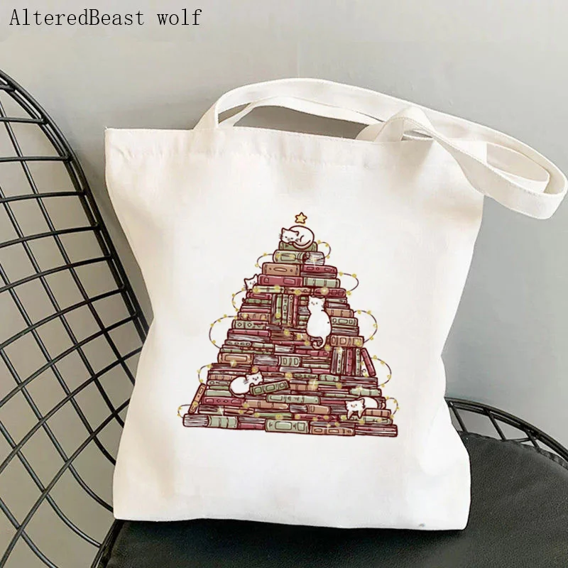 

Women Shopper bag Bookish Christmas tree with kittens Bag Harajuku Shopping Canvas Shopper Bag girl handbag Shoulder Lady Bag