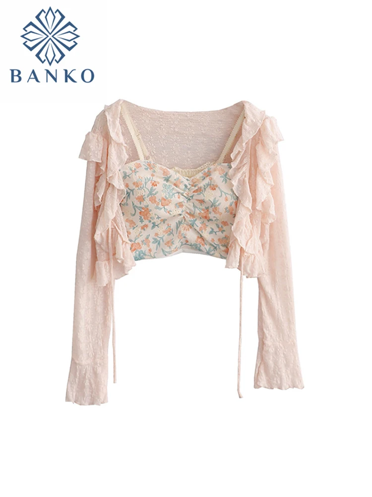 

Женский винтажный укороченный костюм, плиссированная жилетка на бретелях с цветочным принтом в стиле ретро и удобная Дизайнерская одежда с рюшами на завязках, весна 2023