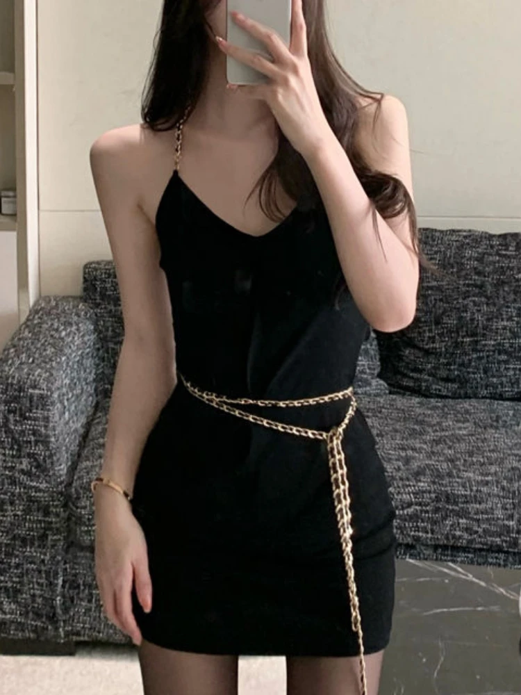 

HOUZHOU Sexy Halter Chain Mini Dress Bodycon Women Elegant Chic Backless Sleeveless Slim Black Dress Party Club Outfit Summer