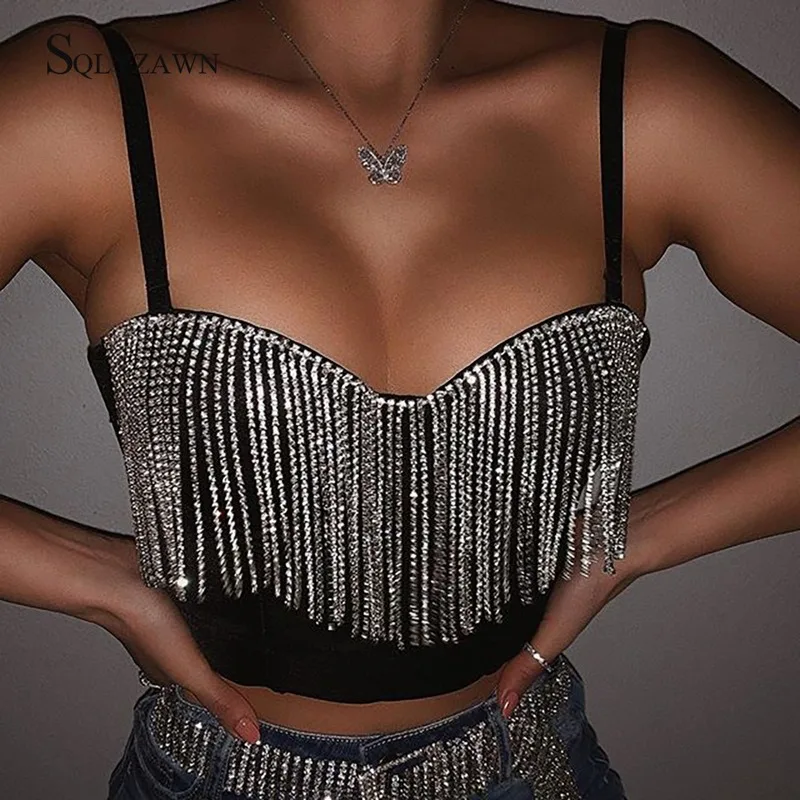 Diamond Tassel Patchwork Glitter Bustier Tops Party Night Club 2022 Summer Off Shoulder V Neck Shiny Crop Top Black Tank Tops
