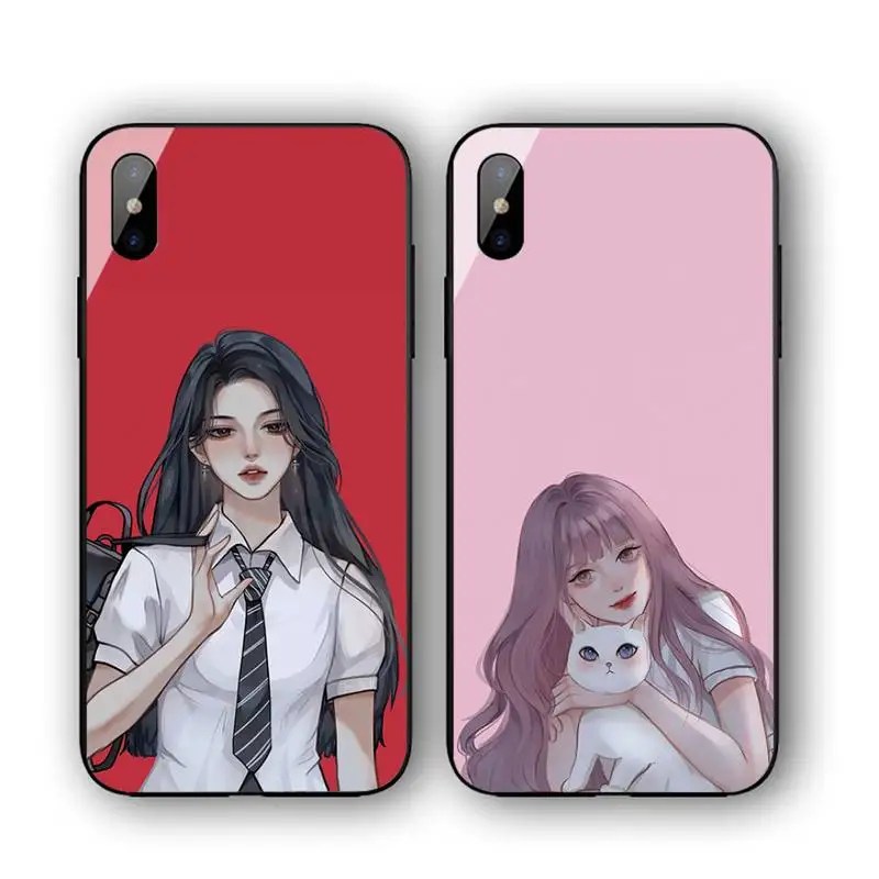 

Cartoon Girl Avatar Phone Case For Iphone 11 12 13 14 Pro Max 7 8 Plus X Xr Xs Max Se2020 Tempered Glass Cove