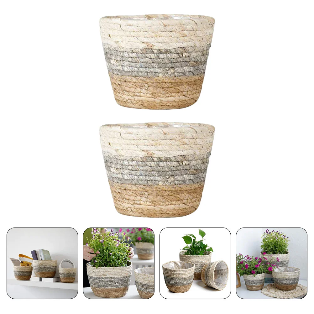 

2 Pcs Flower Basket Weaving Baskets Rustic Planter Straw Grass Multi-purpose Woven Bride Small Pots Indoor