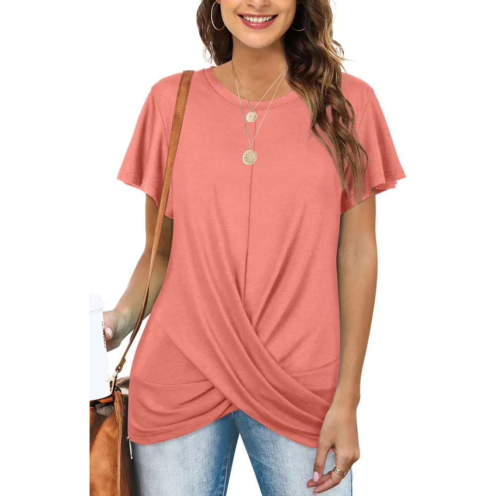 Купи 2022 Spring Summer Women T-Shirt Pink O-Neck Short Sleeve Female Tee Loose Folds Casual Solid Color Lady Street T Shirt Tops за 496 рублей в магазине AliExpress