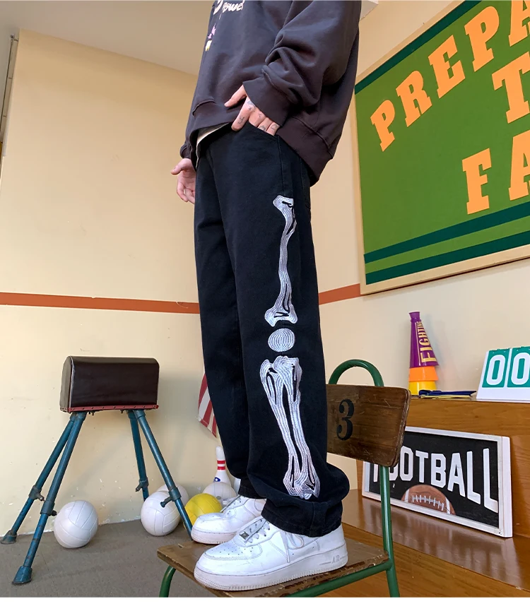 Jeans spring and summer new high street American men's and women's tide brand skeleton hip-hop personality straight trousers