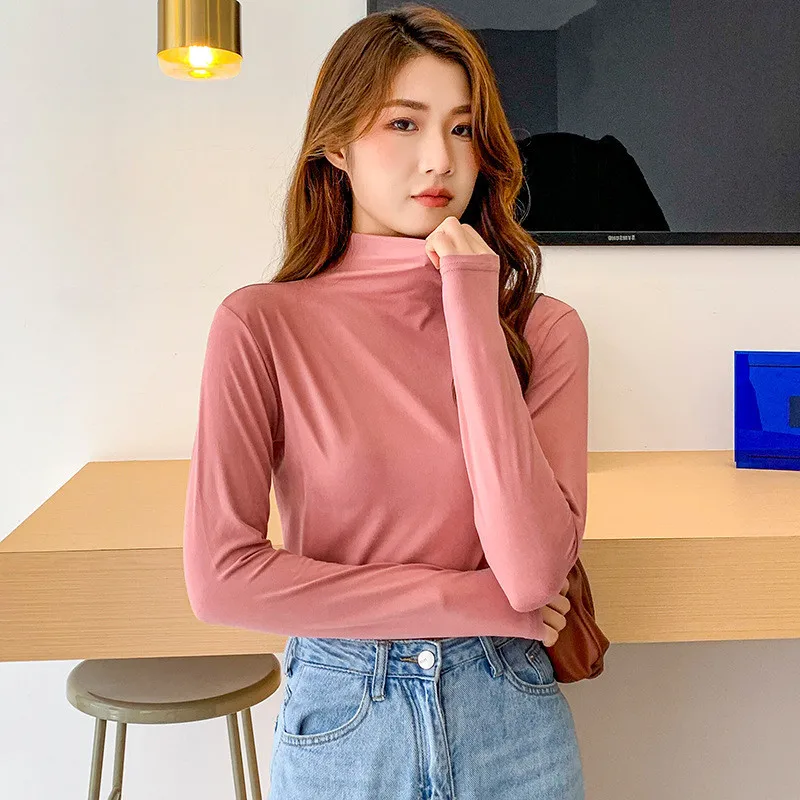 

2023 Lady Long Sleeved casual winter high neck solid color T-shirt gray