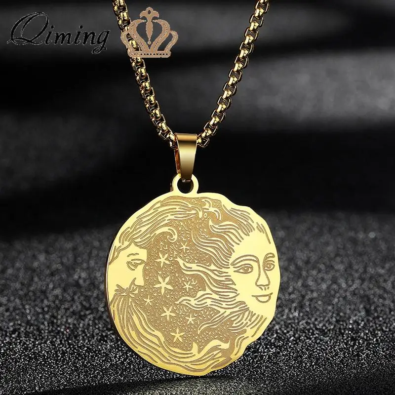 

QIMING Stainless Steel Sun And Crescent Moon Pendant Necklace Statement Jewelry Viking Dainty Necklace