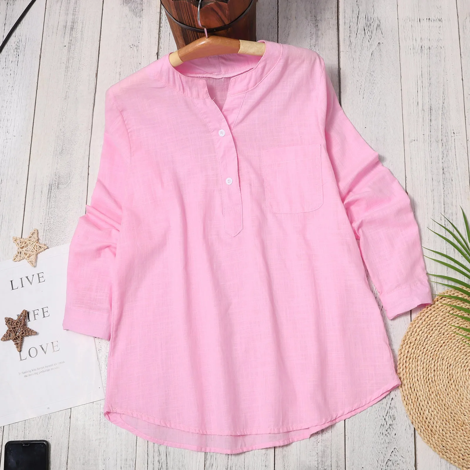 

Long Sleeve Shirt Cotton Line Loose Tunic Top Harajuku Blouse Women Stand Collar Lady Blusas Korean Clothes Roupas Feminina 2023