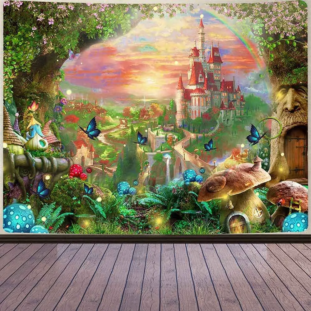 

Fantasy Fairy Tale Forest Castle Tapestry Magic Palace Colored Mushrooms Starry Sky Tapestries Bedroom Living Room Wall Hanging