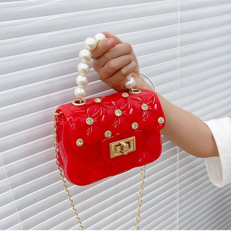 New Girls Candy Color Fashion Mini Chain Small Square Bags Princess Personality Children Shoulder Pearl Portable Bag